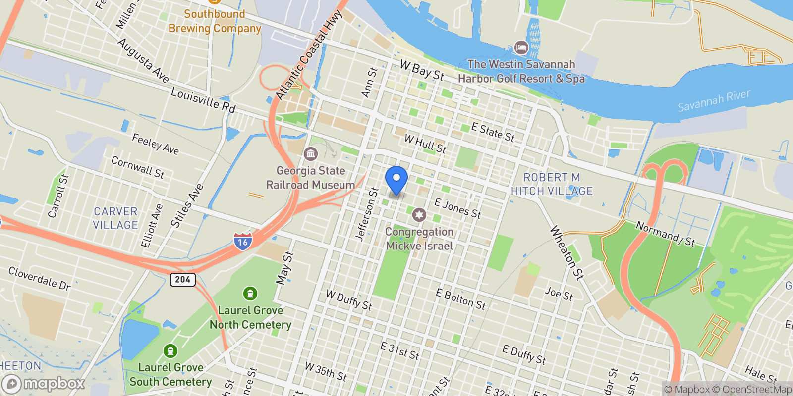 Map showing 110 W Taylor Street, Savannah, Georgia, United States.