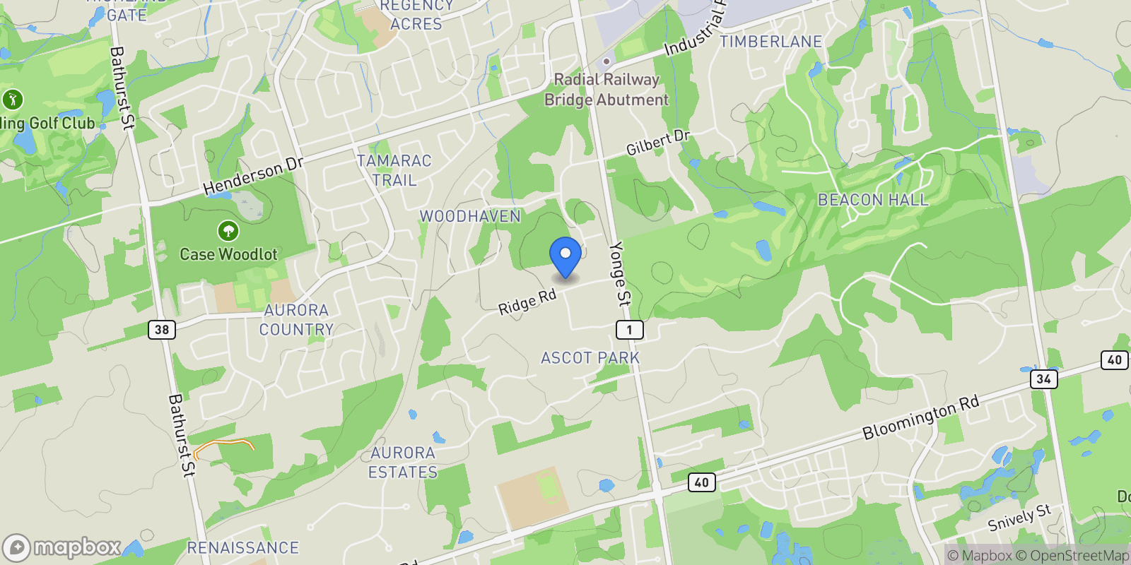 Map showing 90 Ridge Road, Aurora, Ontario, Canada.