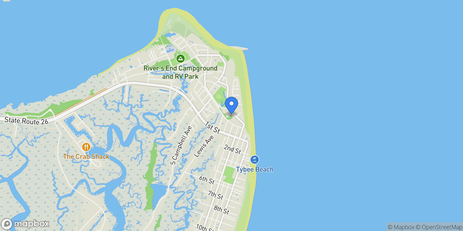 Map showing 20 Van Horne Drive, Tybee Island, Georgia, United States.