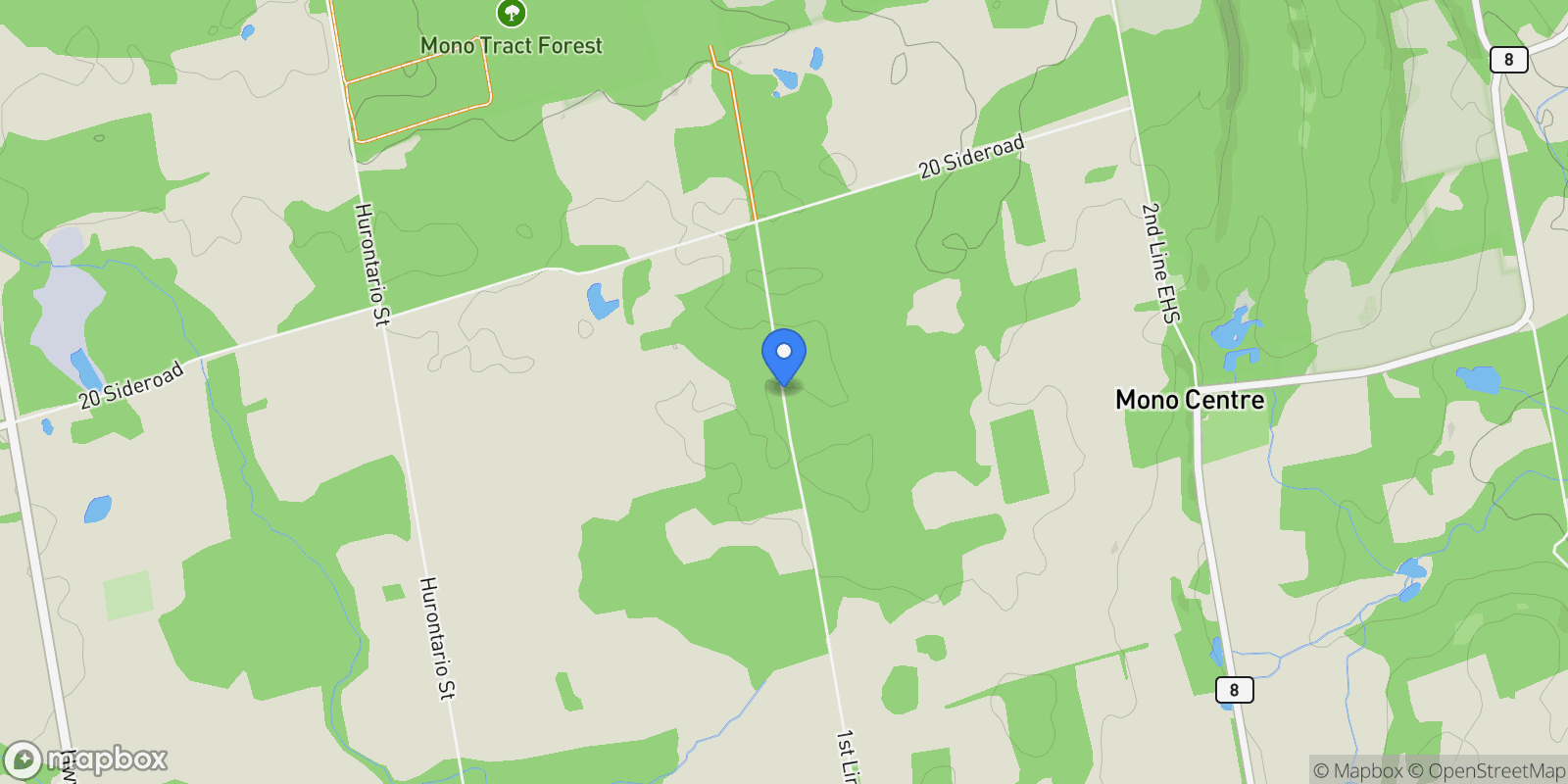 Map showing 714550 1st Line EHS, Mono, Ontario, Canada.