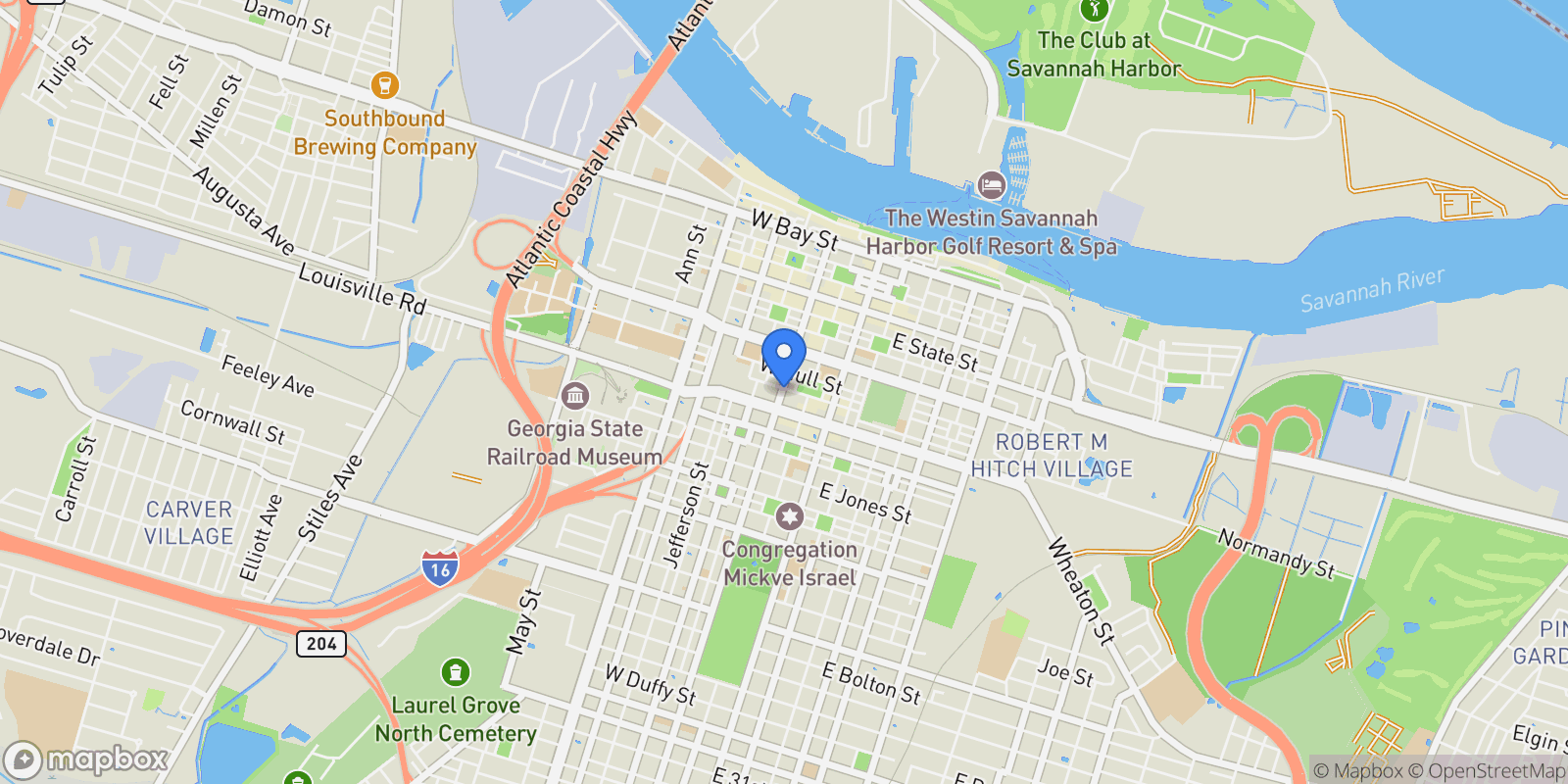 Map showing 25 W Perry Street, Savannah, Georgia, United States.