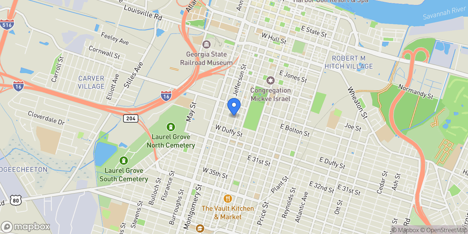 Map showing 206 W Waldburg Street, Savannah, Georgia, United States.
