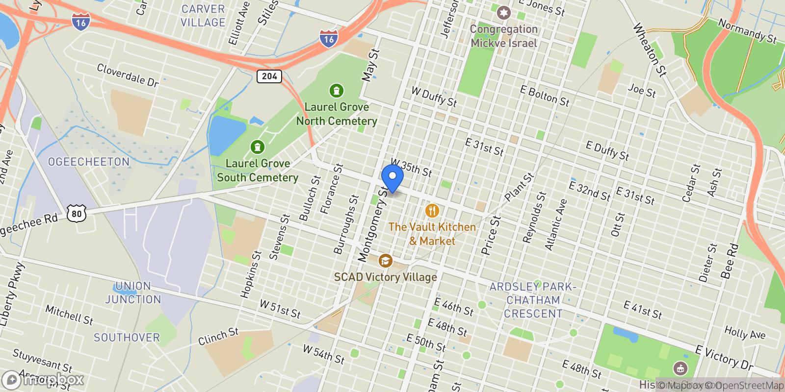 Map showing 302 W 38th Street, Savannah, Georgia, United States.