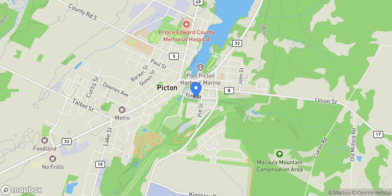 Map showing 28 York Street, Picton, Ontario, Canada.