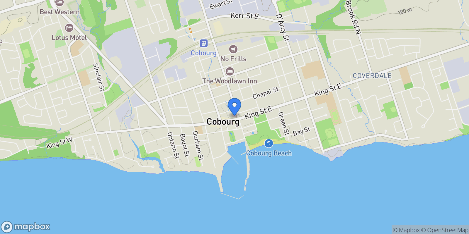 Map showing 2-19 King Street W, Cobourg, Ontario, Canada.