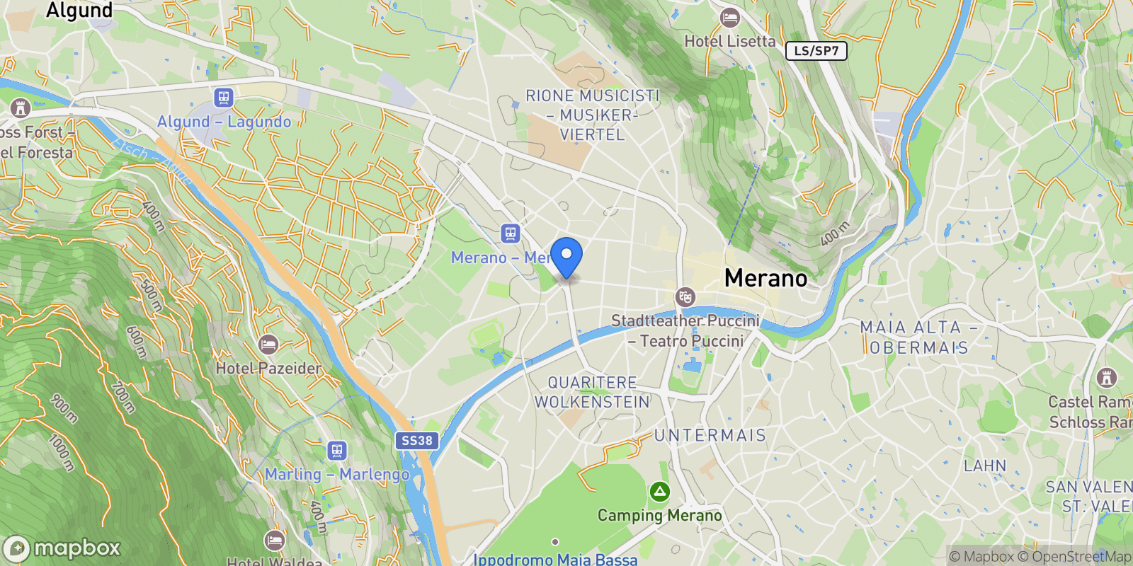 Map showing Merano, Autonomous Province of Bolzano – South Tyrol, Italy, Merano, Trentino-South Tyrol, Italy.
