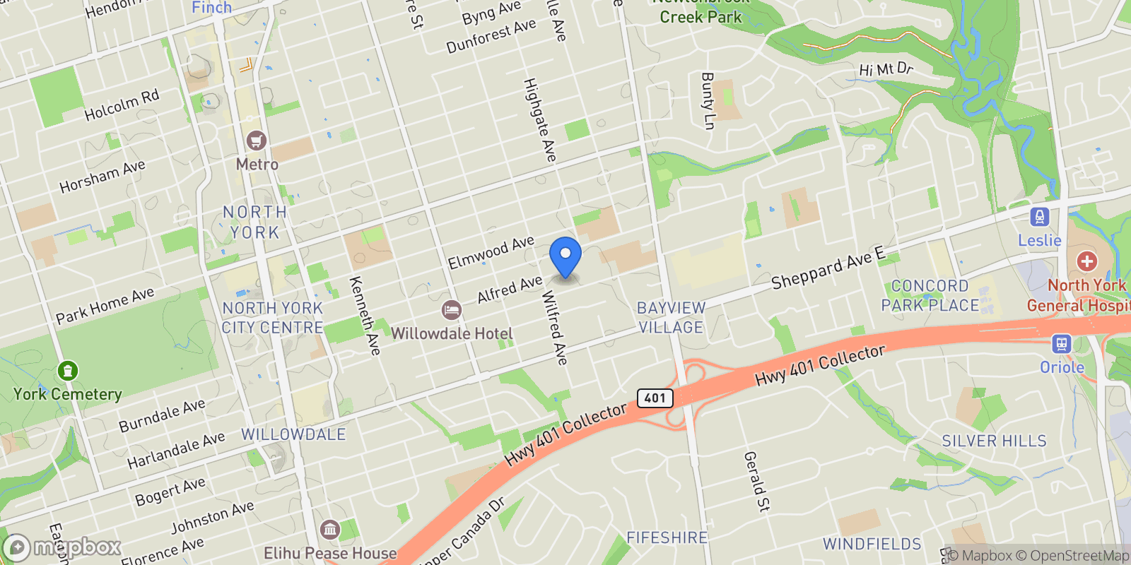 Map showing 340 Spring Garden Avenue, Toronto, Ontario, Canada.