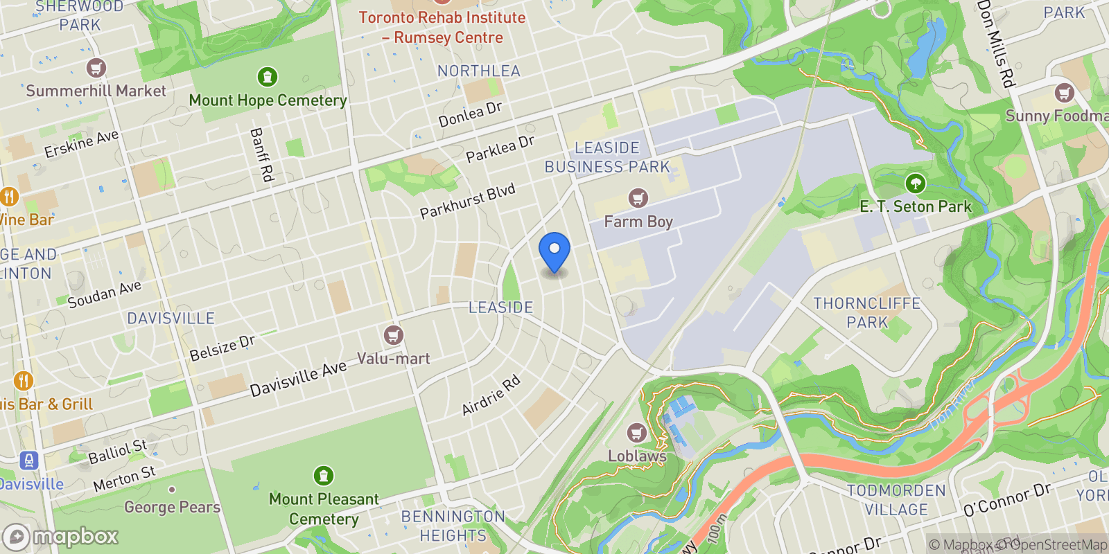 Map showing 252 Sutherland Drive, Toronto, Ontario, Canada.