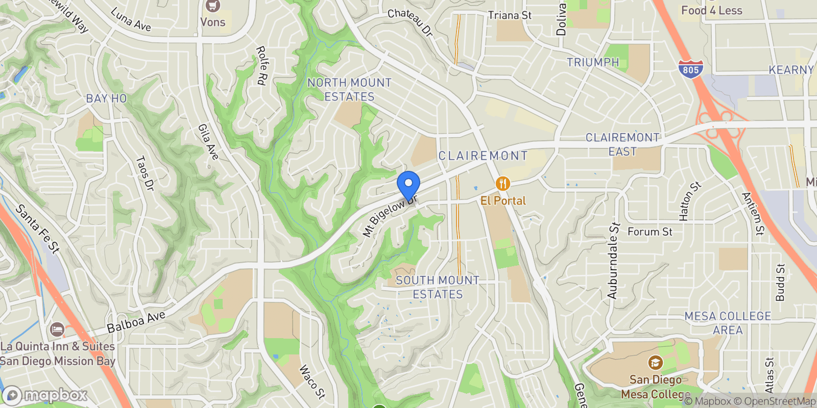 Map showing 4871 Mount Bigelow Drive, San Diego, California, United States.
