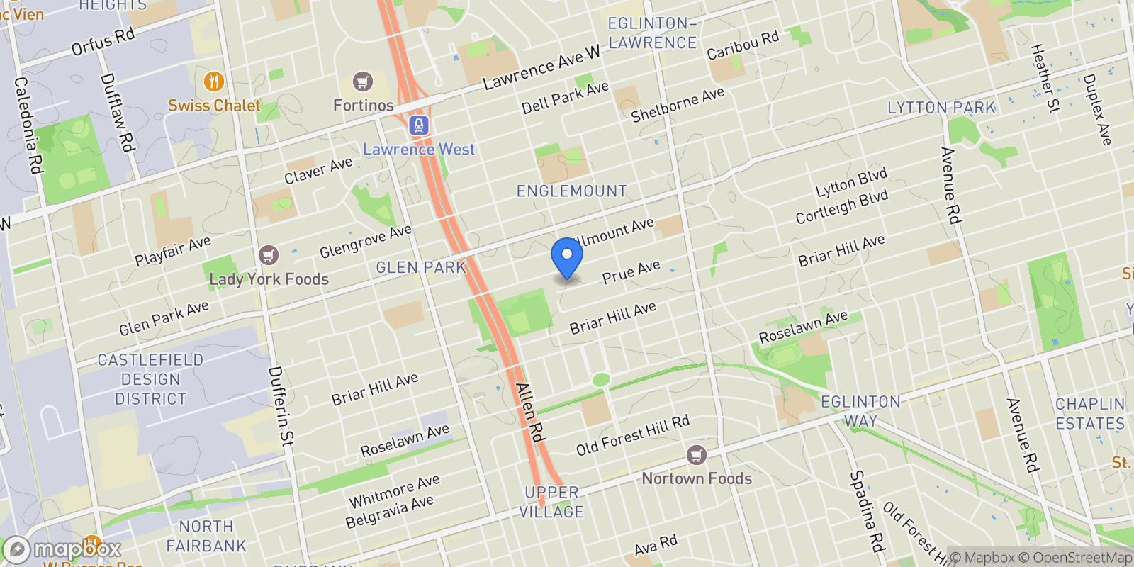 Map showing 92 Prue Avenue, Toronto, ON, M6B 1R5, CANADA, Toronto, Ontario, Canada.