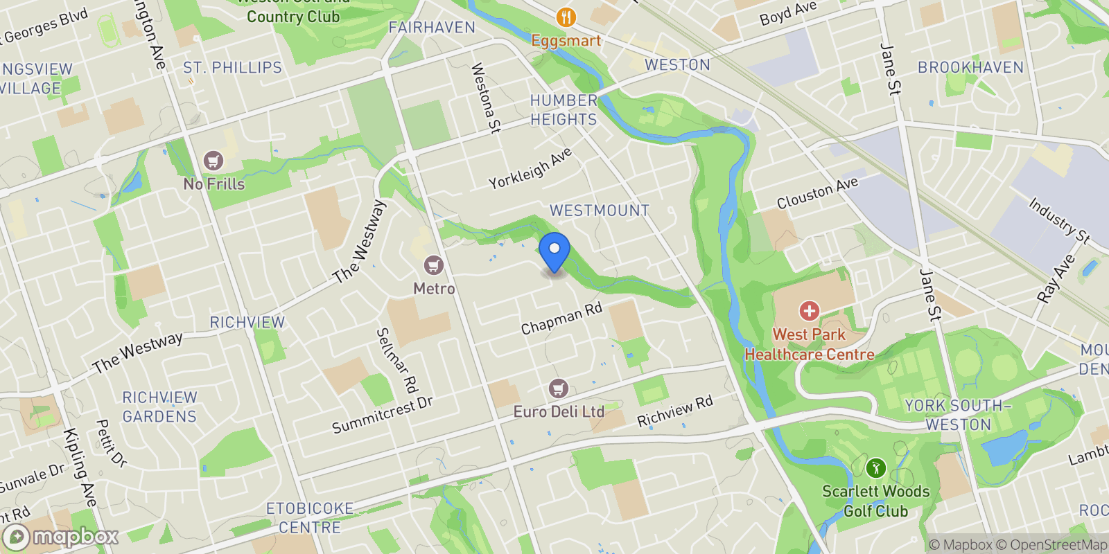 Map showing 38 Westmount Park Road, Toronto, ON, M9P 1R6, CANADA, Toronto, Ontario, Canada.