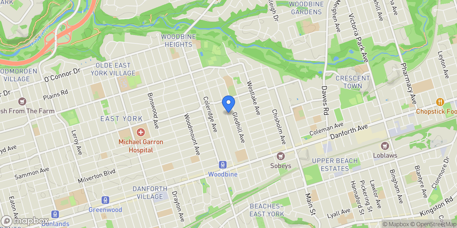 Map showing 139 King Edward Avenue, Toronto, ON, M4C 5J7, CANADA, Toronto, Ontario, Canada.