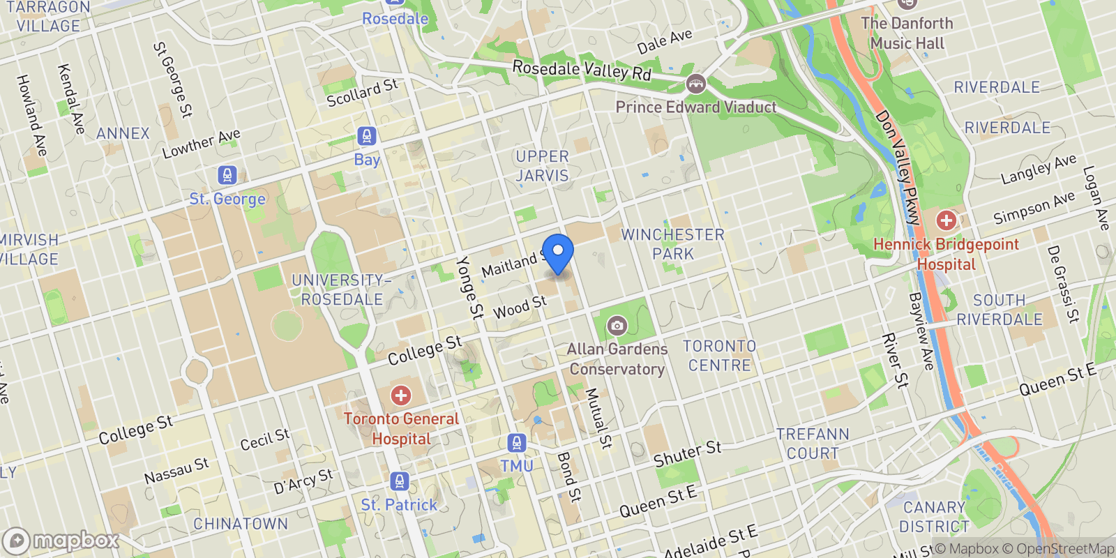 Map showing 301 Mutual Street, Toronto, ON, M4Y 1X6, CANADA, Toronto, Ontario, Canada.