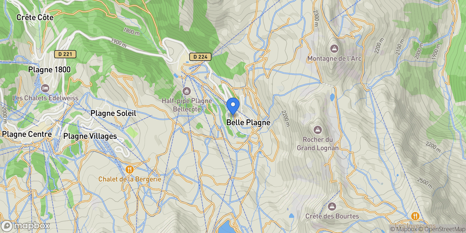 Map showing 73210 La Plagne-Tarentaise, France, La Plagne-Tarentaise, Auvergne-Rhône-Alpes, France.