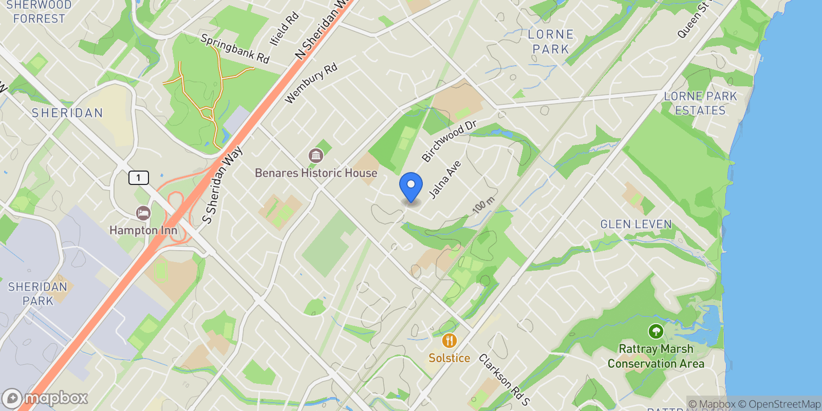 Map showing 1654 Birchwood Drive, Mississauga, ON, L5J 1T6, CANADA, Mississauga, Ontario, Canada.