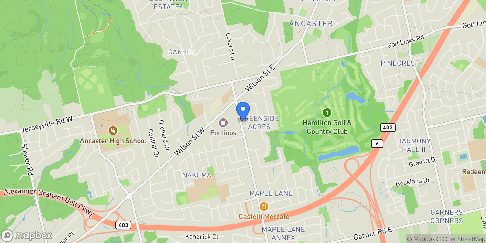 Map showing 121 Fiddlers Green Road, Hamilton, ON, L9G 1W4, CANADA, Hamilton, Ontario, Canada.