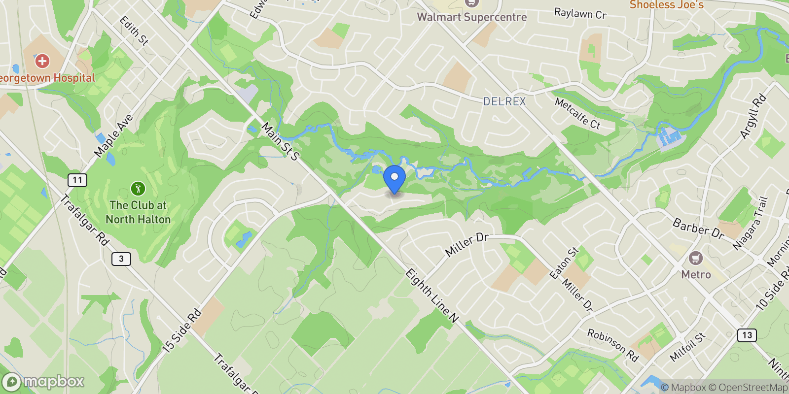 Map showing 73 West Branch Drive, Halton Hills, ON, L7G 6N7, CANADA, Halton Hills, Ontario, Canada.