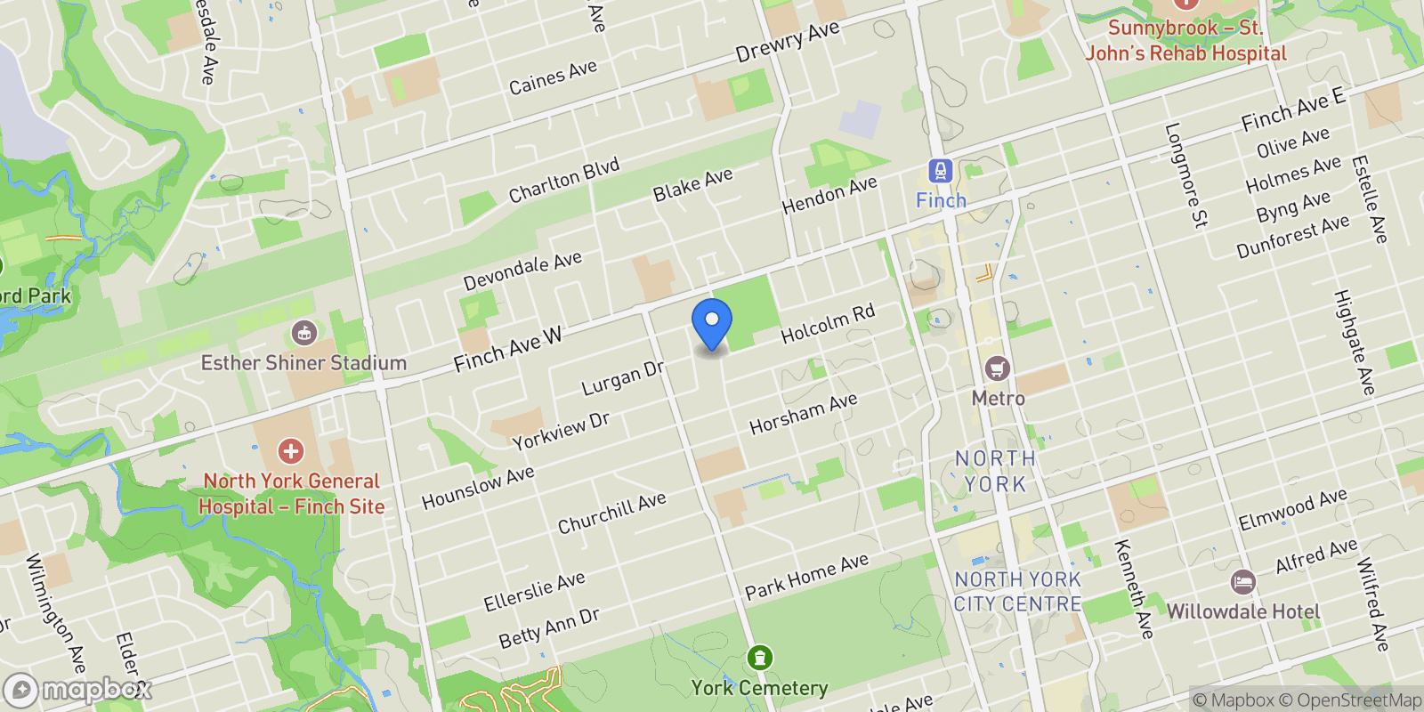 Map showing 150 Holcolm Road, Toronto, ON, M2N 2E2, CANADA, Toronto, Ontario, Canada.
