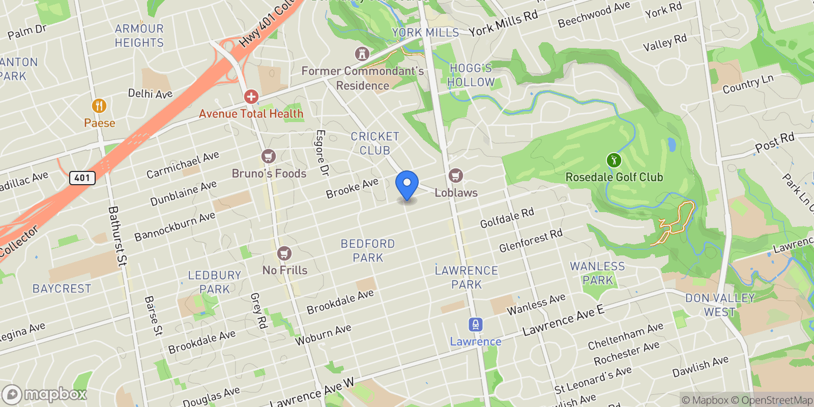 Map showing 19 Ridley Boulevard, Toronto, ON, M5M 3L1, CANADA, Toronto, Ontario, Canada.