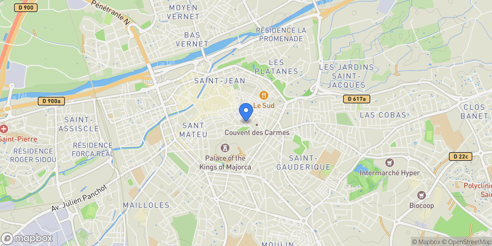 Map showing Perpignan, Occitanie, France.