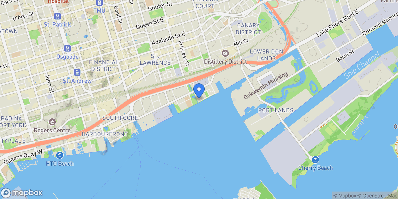 Map showing 55 Merchants' Wharf N/A, Toronto, ON, M5A 0P2, CANADA, Toronto, Ontario, Canada.