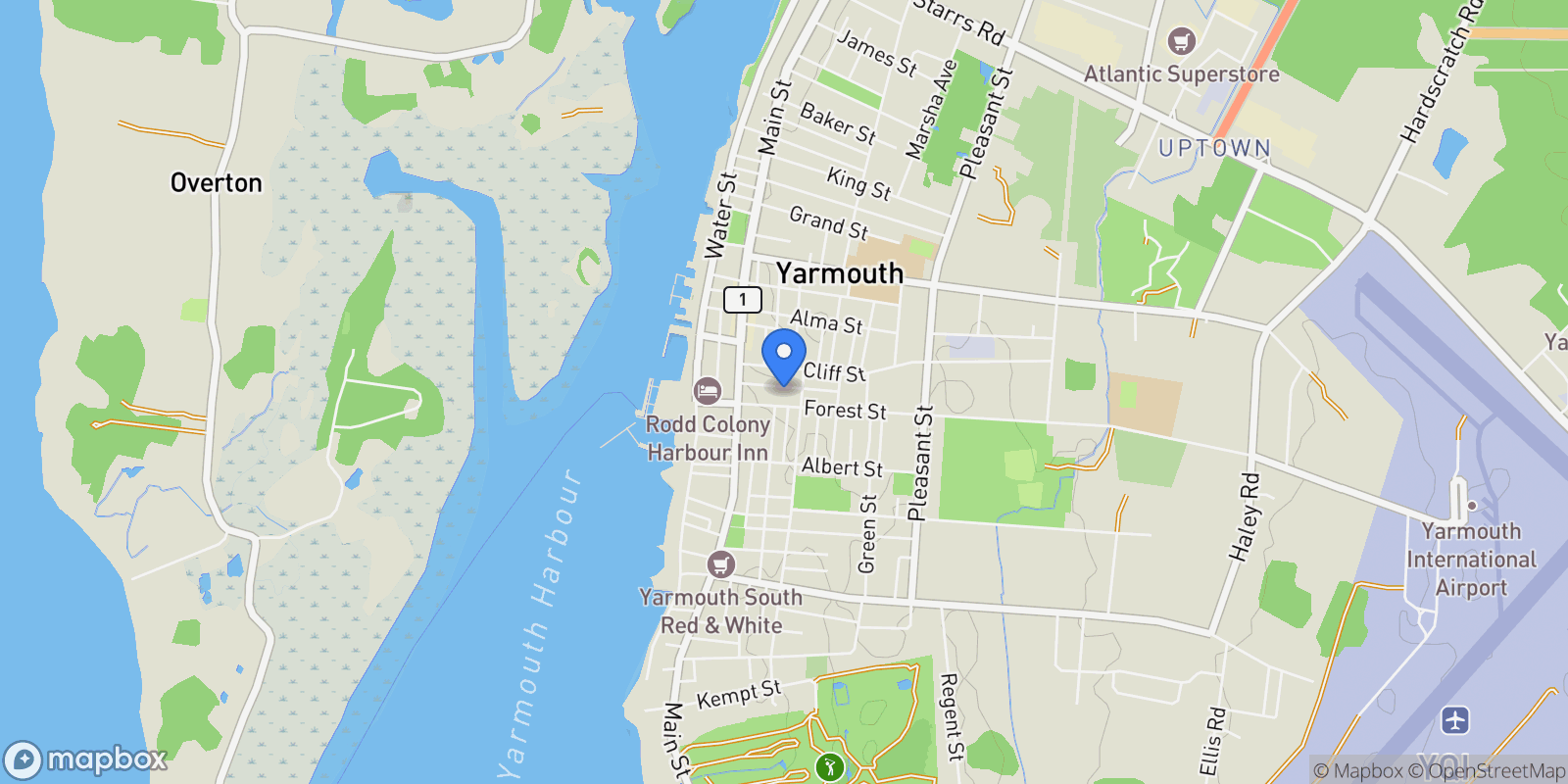 Map showing 19 Cumberland Street, Yarmouth, Nova Scotia, Canada.