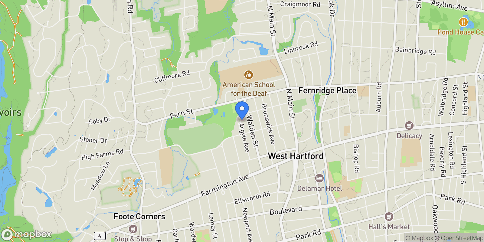 Map showing 122 Argyle Avenue, West Hartford, CT 06107, West Hartford, Connecticut, United States.