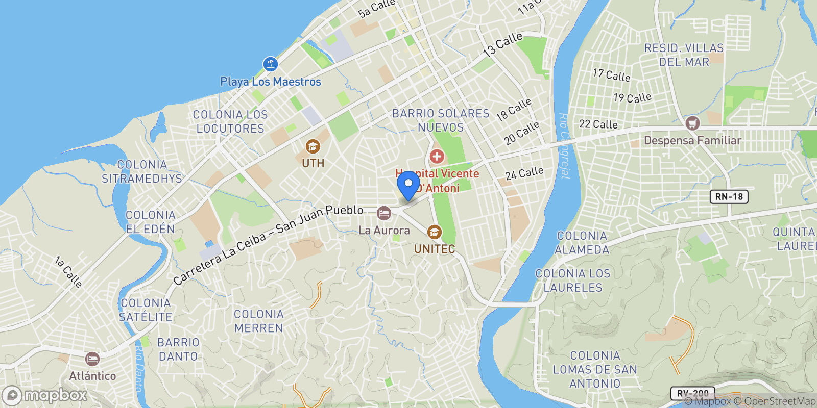 Map showing La Ceiba, Honduras, La Ceiba, Atlántida Department, Honduras.