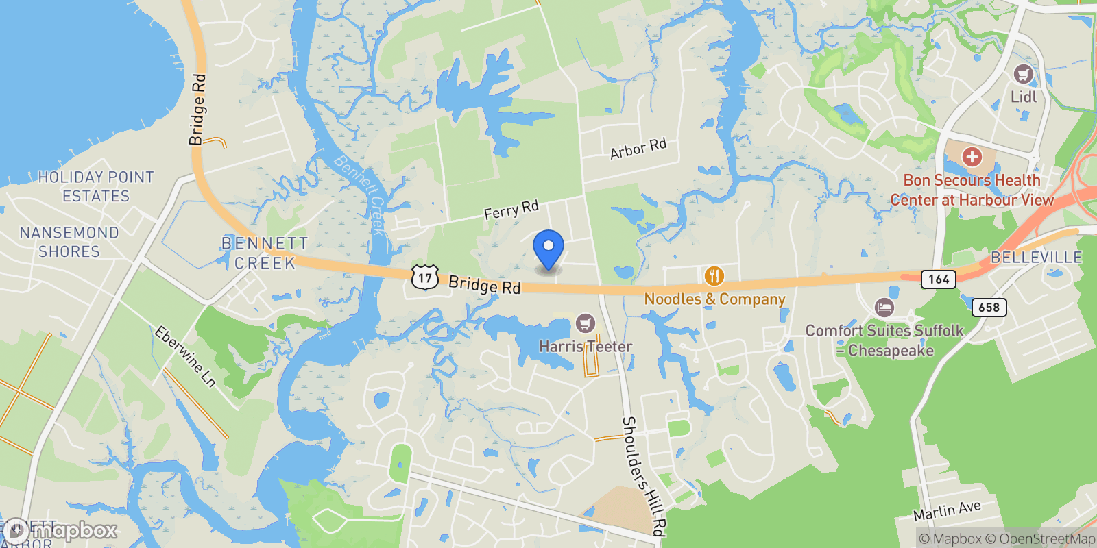 Map showing 3568 BRIDGE Road, Suffolk, Virginia, United States.