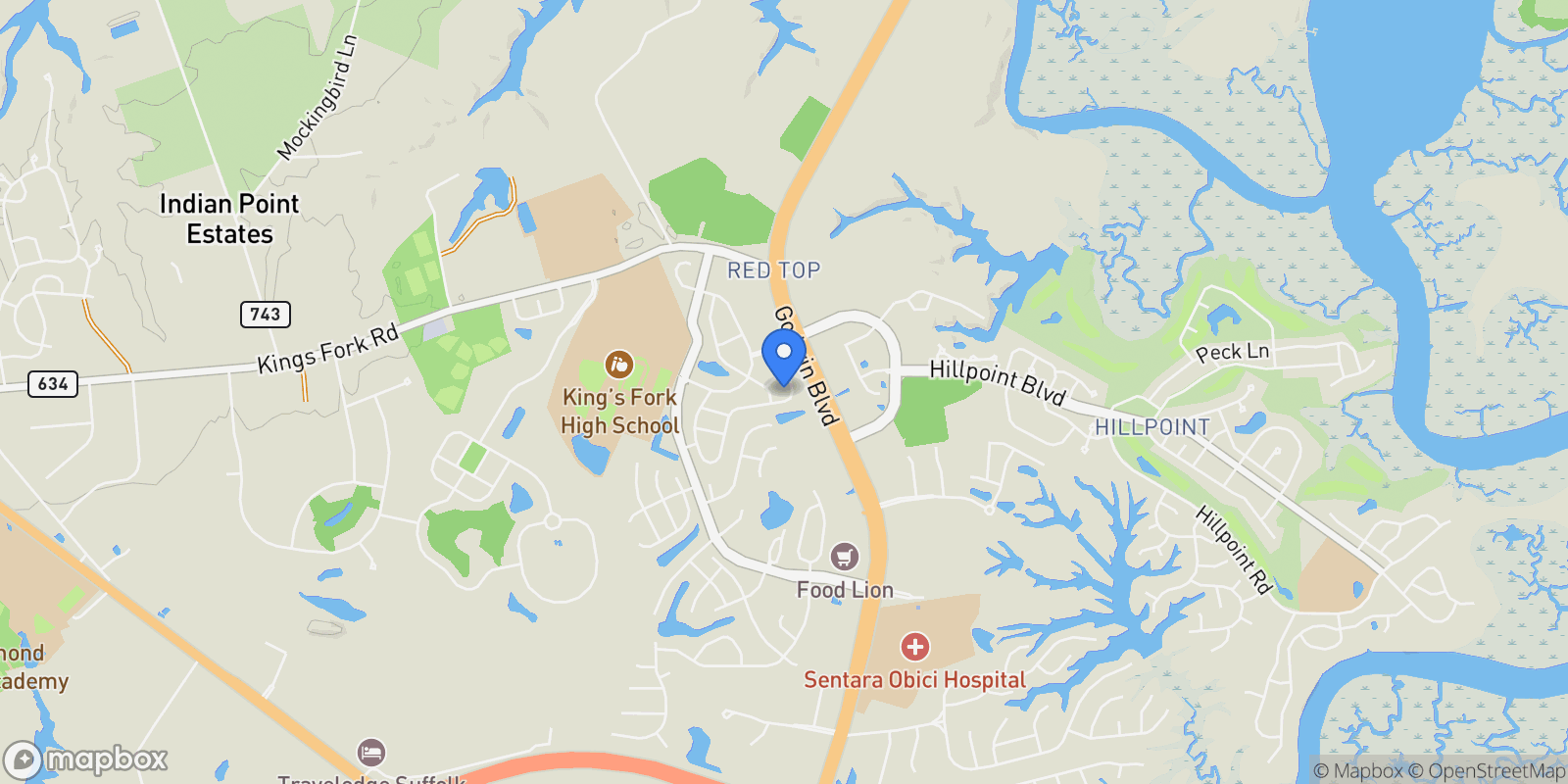 Map showing 288 McCormick Drive, Suffolk, Virginia, United States.