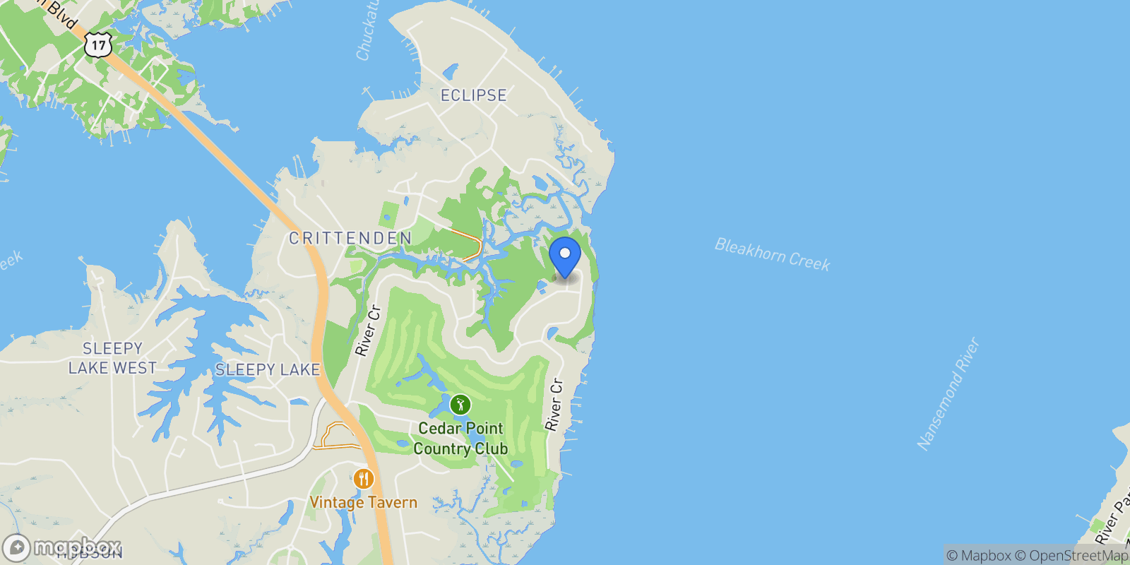 Map showing 58 River Edge Drive, Suffolk, Virginia, United States.