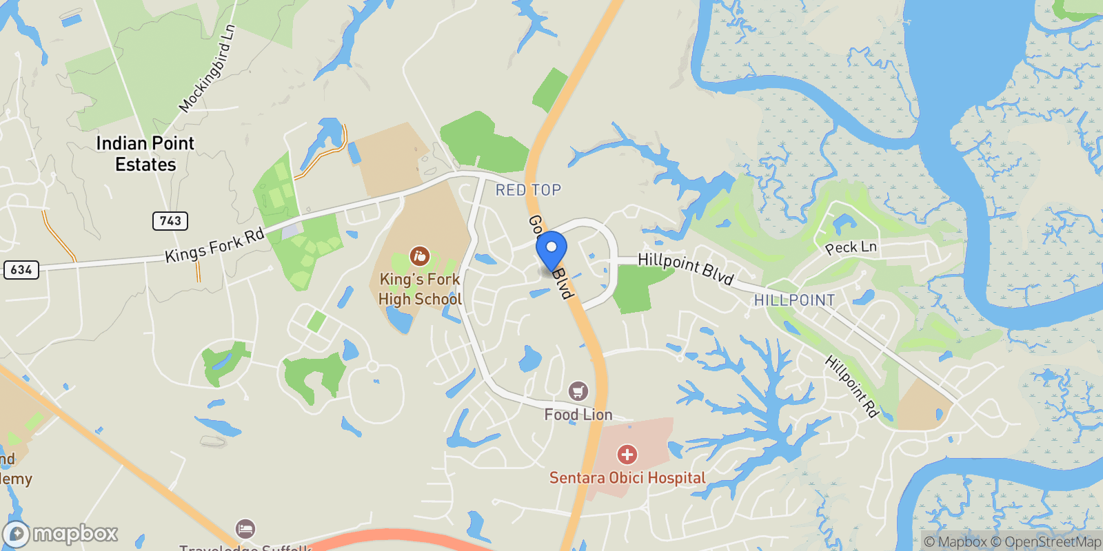 Map showing 253 McCormick Drive, Suffolk, Virginia, United States.