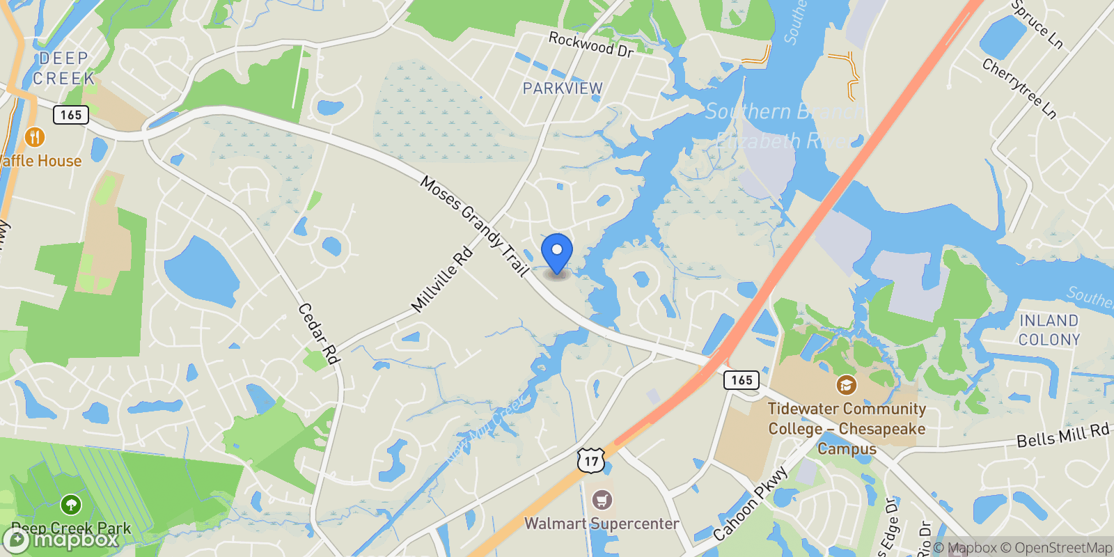 Map showing 1928 Moses Grandy Trail, Chesapeake, Virginia, United States.