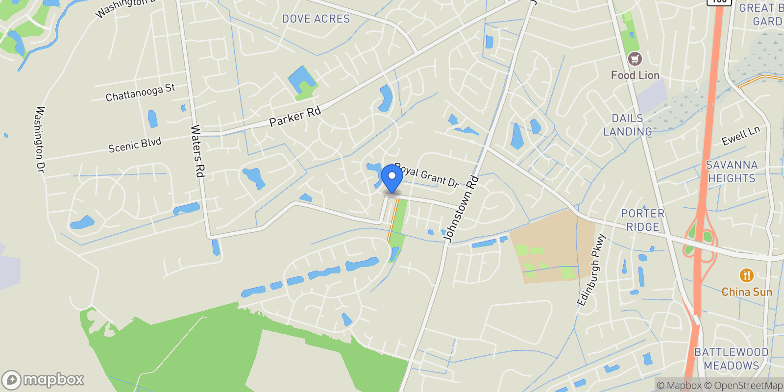 Map showing 1229 Waters Road, Chesapeake, Virginia, United States.