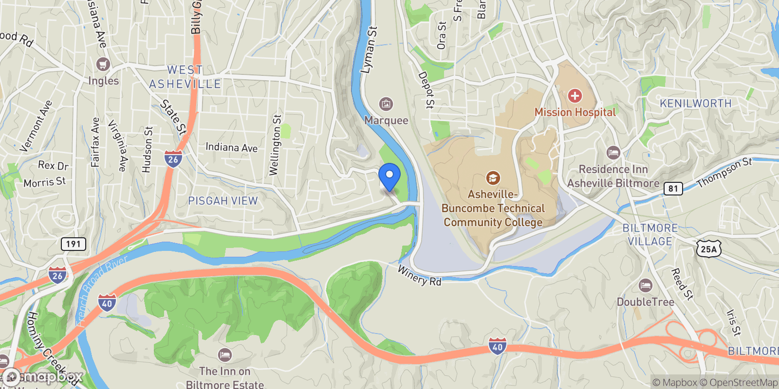 Map showing 107 Riverview Drive, Asheville, NC 28806, Asheville, North Carolina, United States.