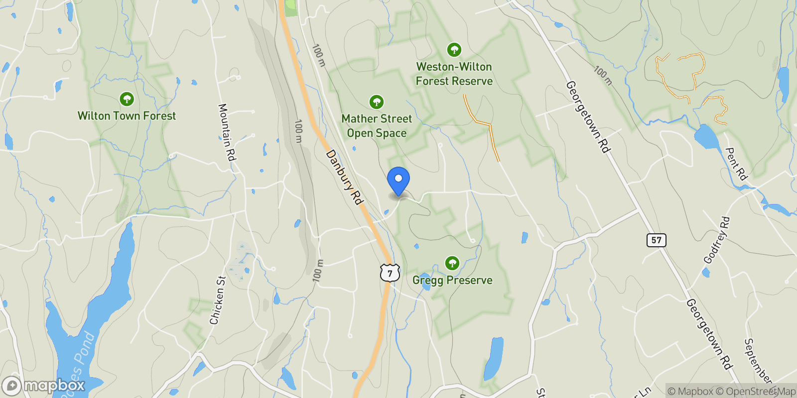 Map showing 38 Honey Hill Road, Wilton, Connecticut, United States.