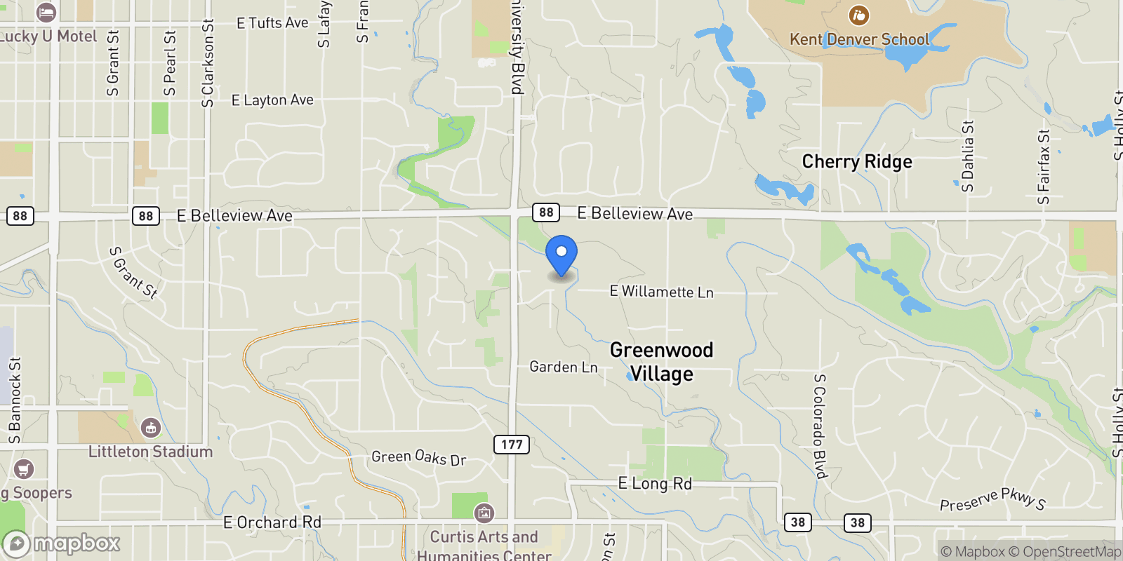Map showing 2627 E Willamette Lane , Greenwood Village, CO 80121, Greenwood Village, Colorado, United States.