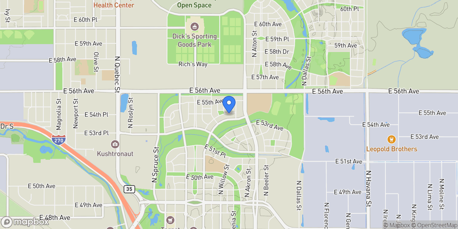 Map showing 8748 E 54th Place , Denver, CO 80238, Denver, Colorado, United States.