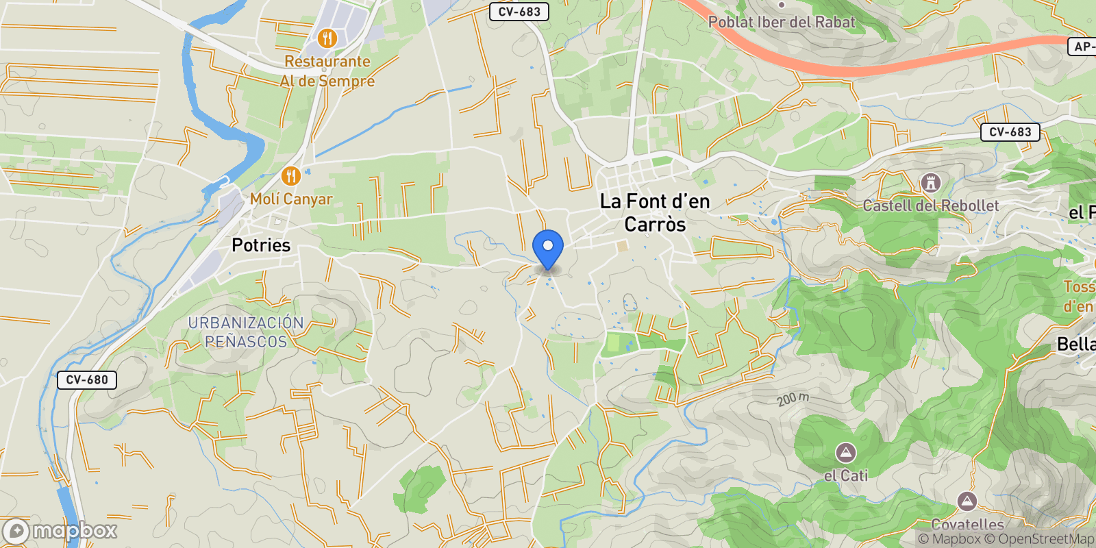 Map showing La Font d'En Carròs, Valencia, La Font d'En Carròs, la Font d'en Carros, Valencian Community, Spain.