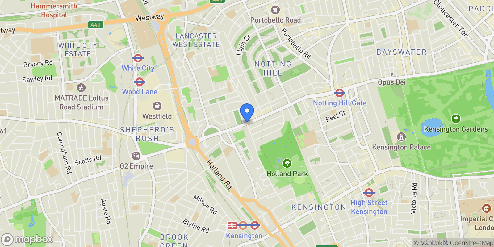 Map showing Holland Park Avenue Holland Park, London, UNITED KINGDOM OF GREAT BRITAIN AND NORTHERN IRELAND, London, England, United Kingdom.