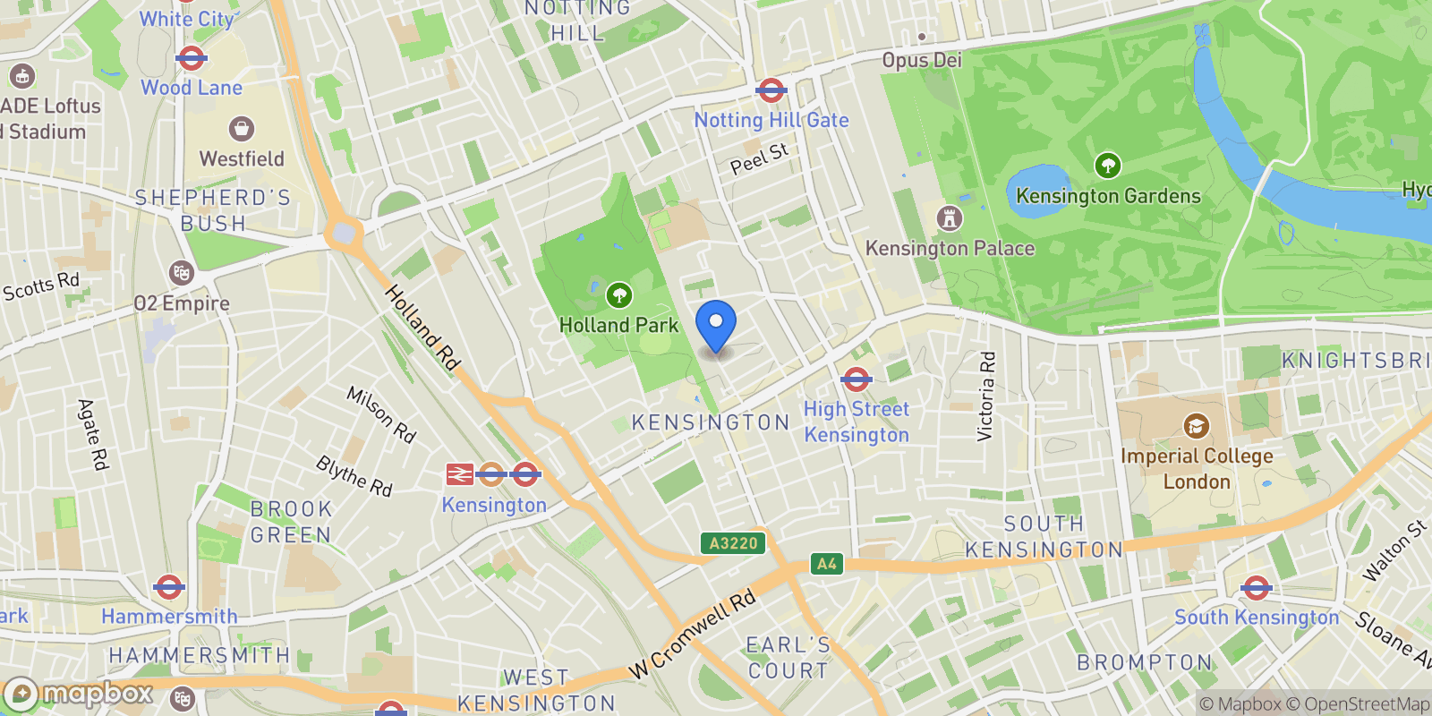 Map showing Phillimore Gardens London, London, UNITED KINGDOM OF GREAT BRITAIN AND NORTHERN IRELAND, London, England, United Kingdom.