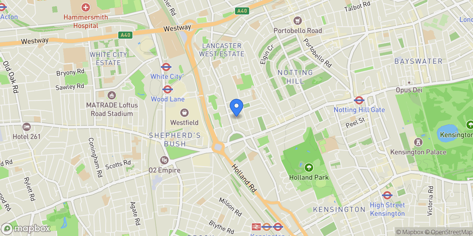 Map showing Queensdale Place Holland Park, London, UNITED KINGDOM OF GREAT BRITAIN AND NORTHERN IRELAND, London, England, United Kingdom.