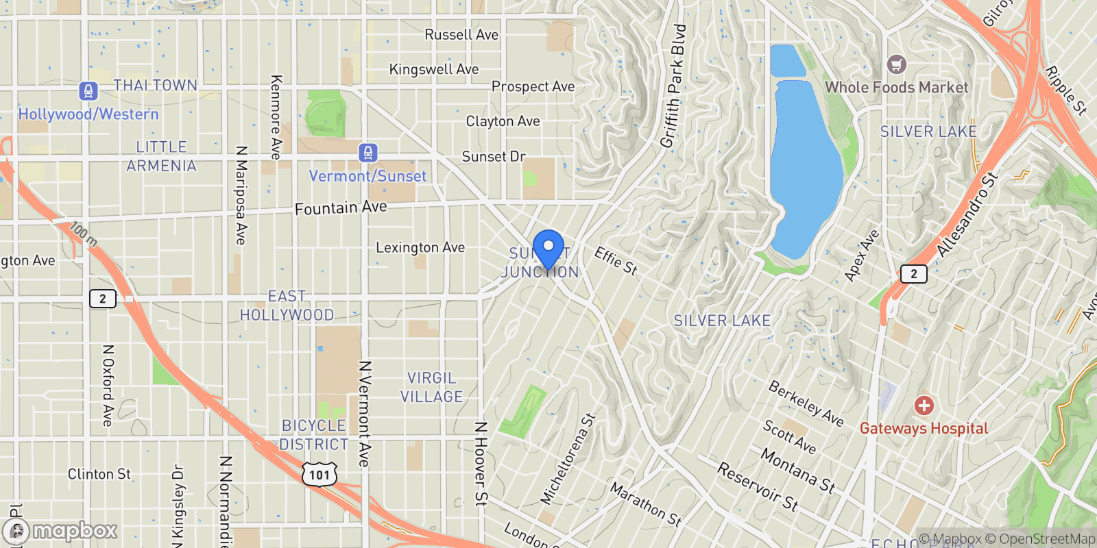 Map showing 3924 W Sunset Boulevard, Los Angeles, California, United States.