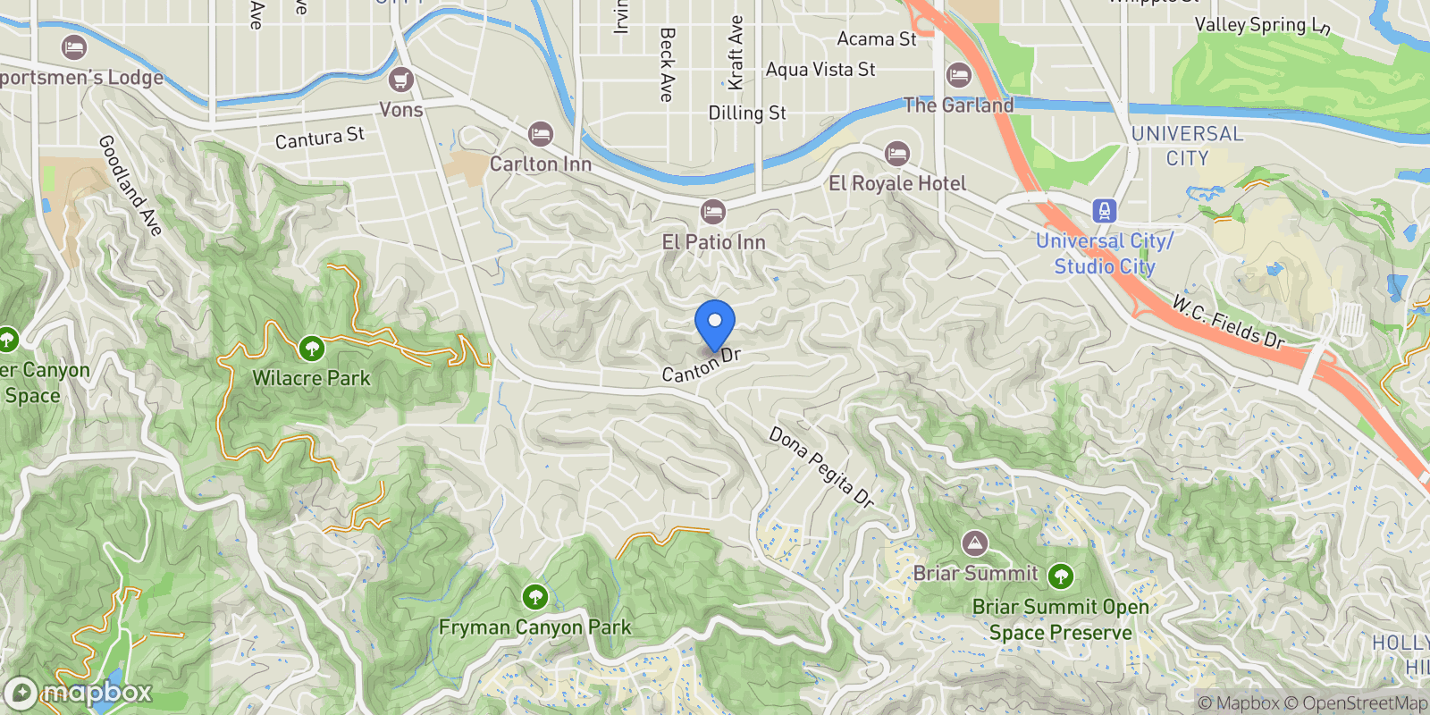 Map showing 11349 Canton Drive, Los Angeles, California, United States.