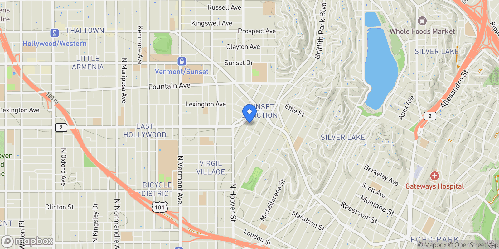 Map showing 1018 Manzanita Street, Los Angeles, California, United States.