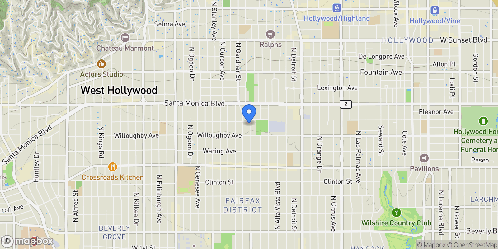 Map showing 947 N Martel Avenue, Los Angeles, California, United States.