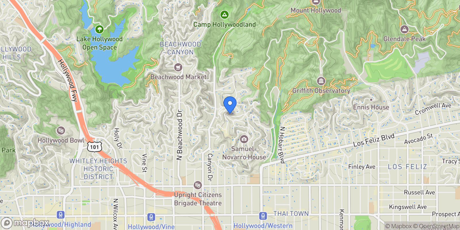 Map showing 5661 Spreading Oak Drive, Los Angeles, California, United States.