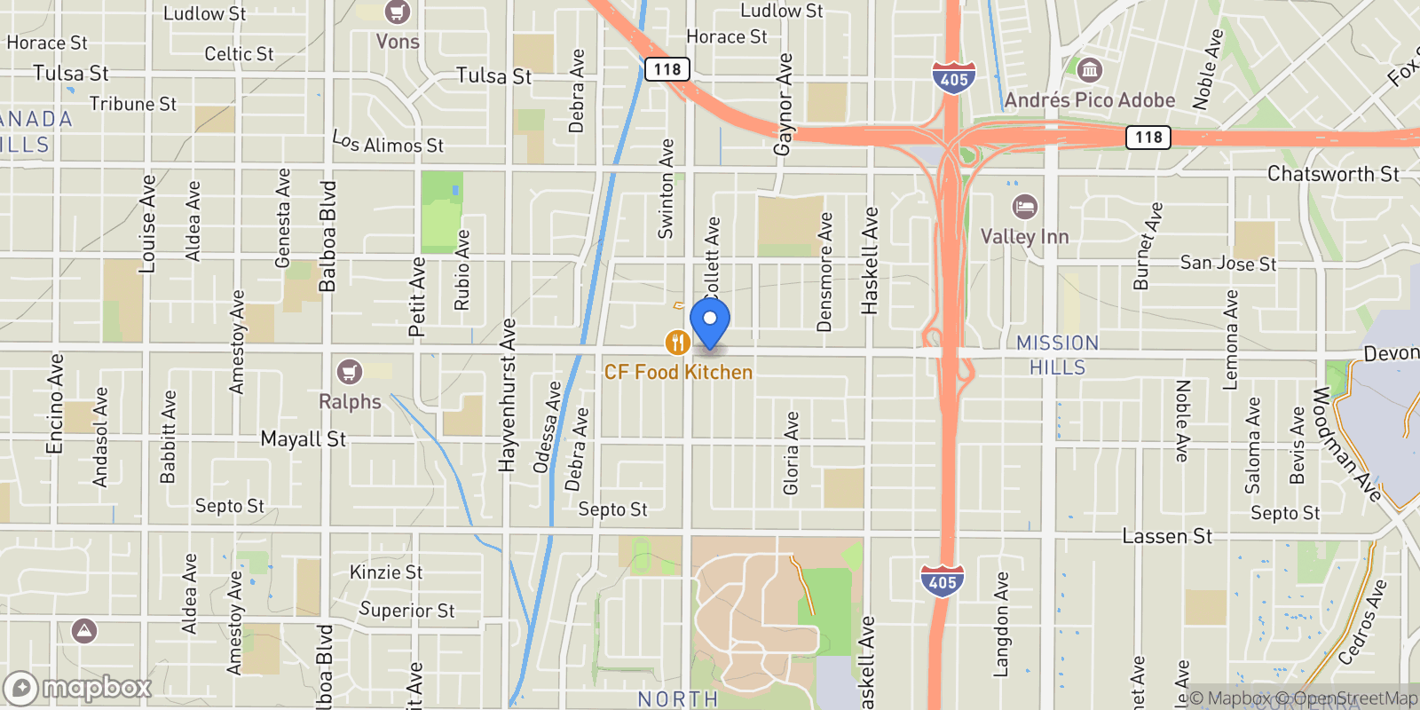 Map showing 16130 Devonshire Street, Los Angeles, California, United States.