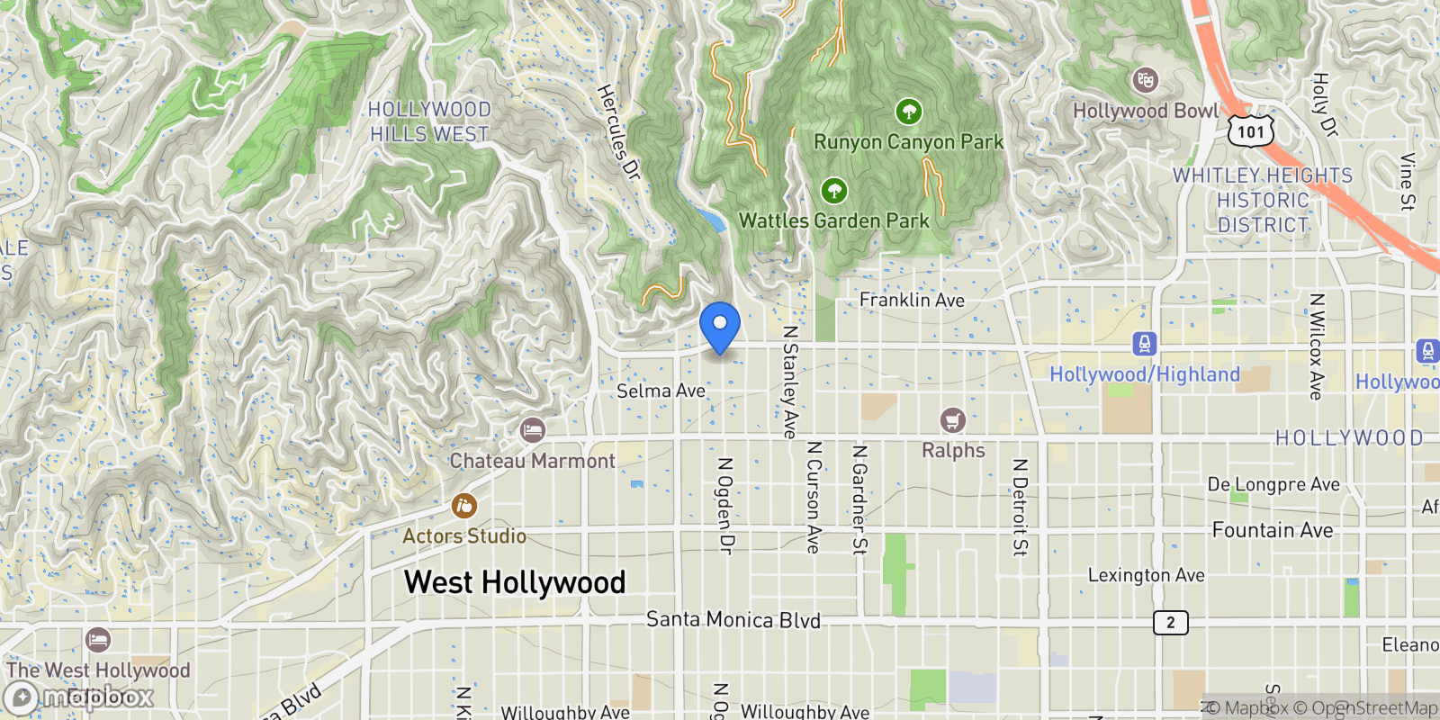Map showing 1641 N Ogden Drive, Los Angeles, California, United States.