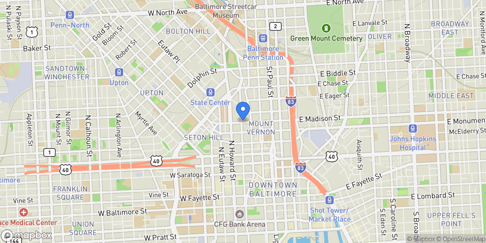 Map showing 801 Park Avenue, Baltimore, MD 21201, Baltimore, Maryland, United States.